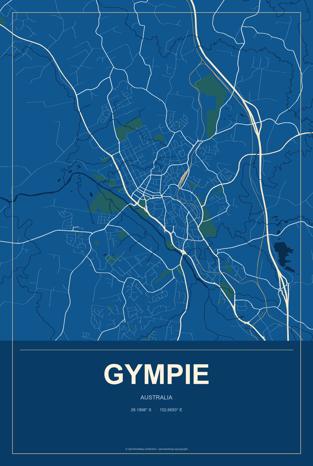 Gympie, Australia City Map Aluminum Sign in Harbor Cobalt style