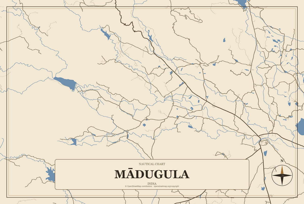 Mādugula, India City Map Aluminum Sign in Heritage Nautical style