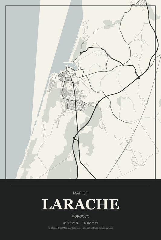 Larache, Morocco City Map Aluminum Sign in Museum Plaque style