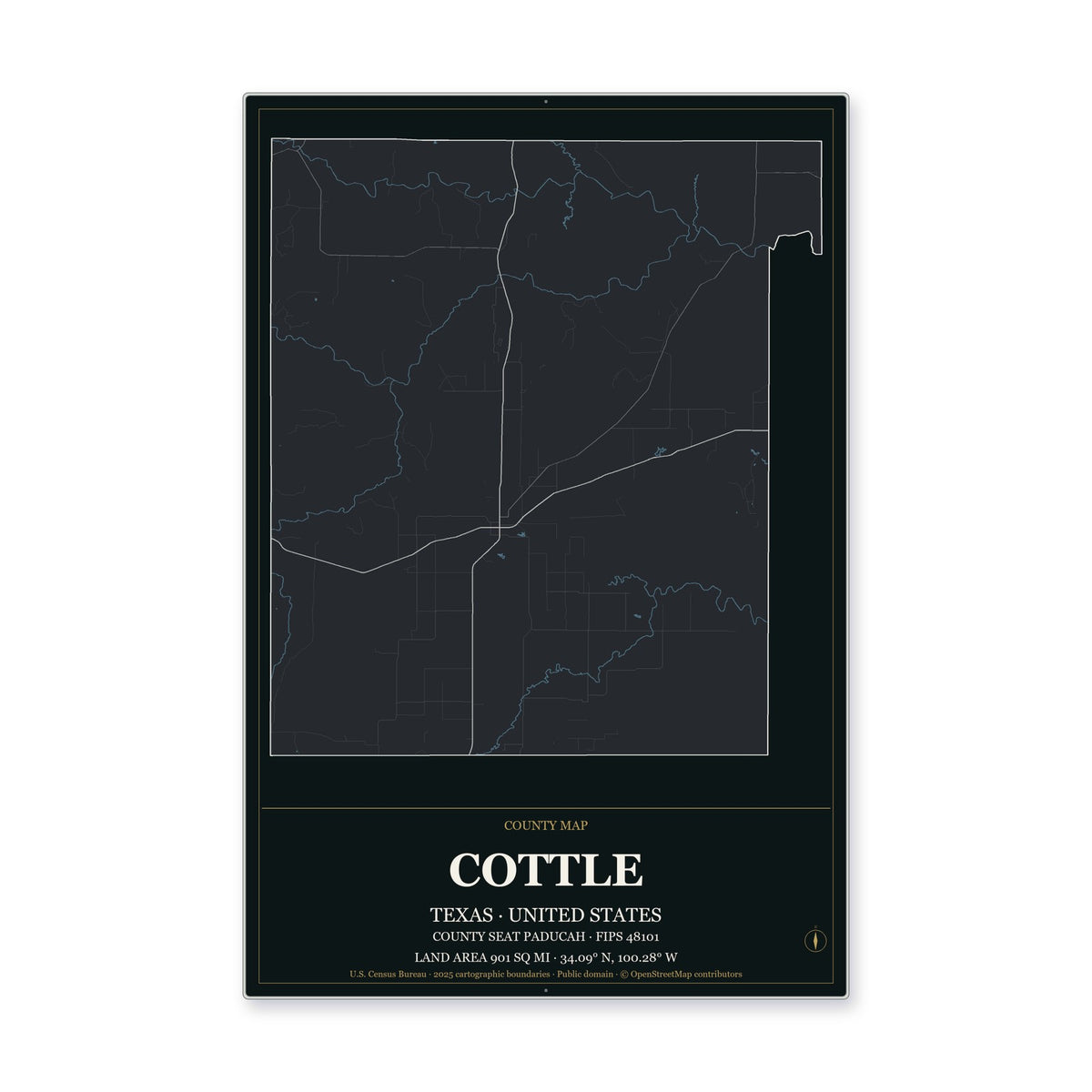 Cottle County, Texas Map Aluminum Sign in Metropolitan Noir style