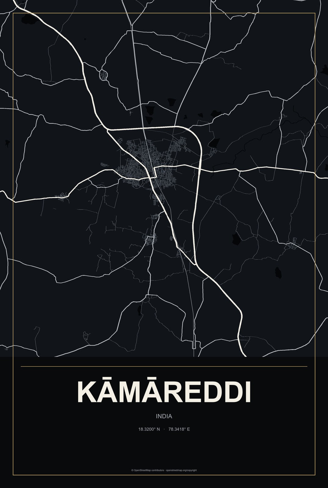 Kāmāreddi, India City Map Aluminum Sign in Metropolitan Noir style