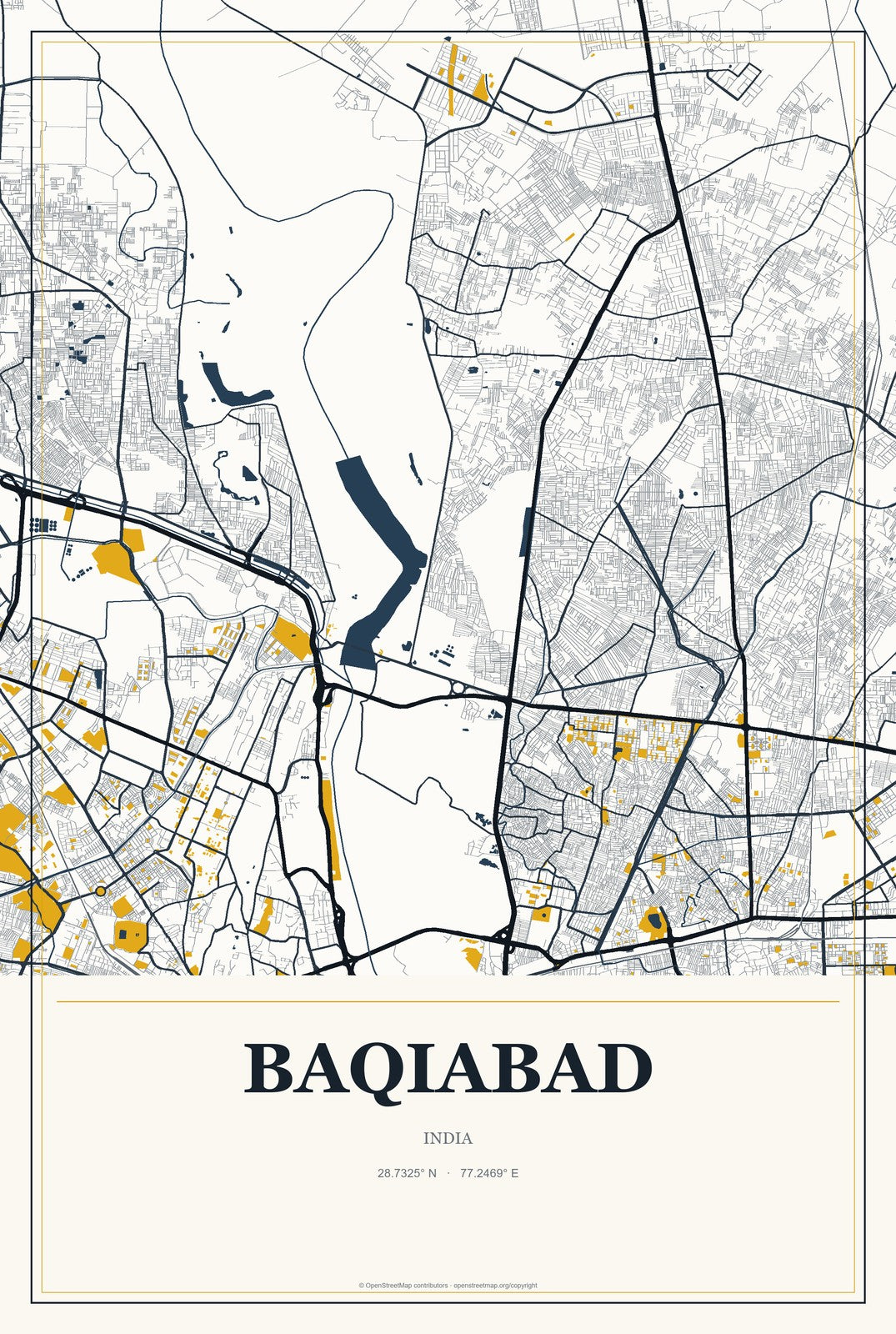 Baqiabad, India City Map Aluminum Sign in Citrine Modern style