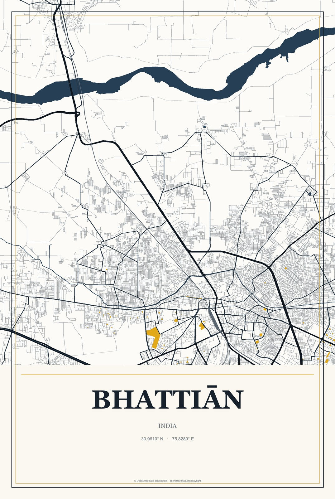 Bhattiān, India City Map Aluminum Sign in Citrine Modern style