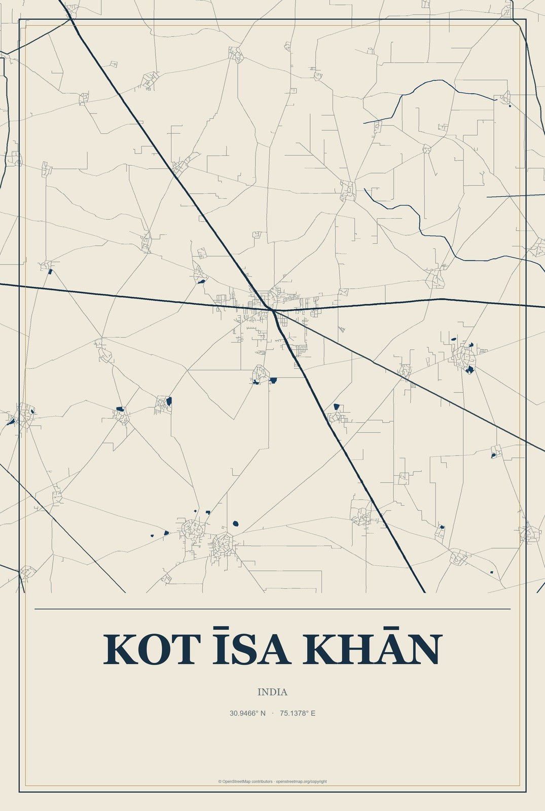 Kot Īsa Khān, India City Map Aluminum Sign in Coastal Cutout style
