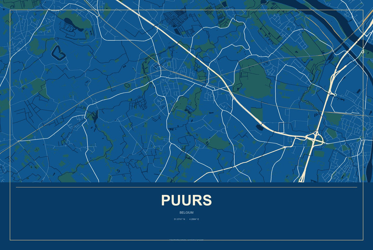 Puurs, Belgium City Map Aluminum Sign in Harbor Cobalt style