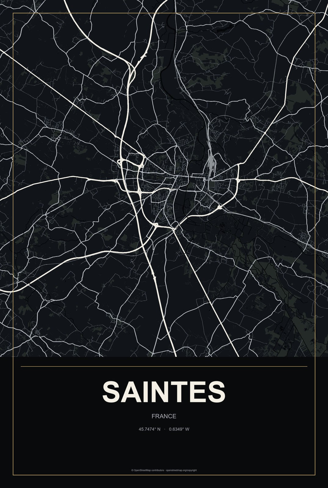 Saintes, France City Map Aluminum Sign in Metropolitan Noir style