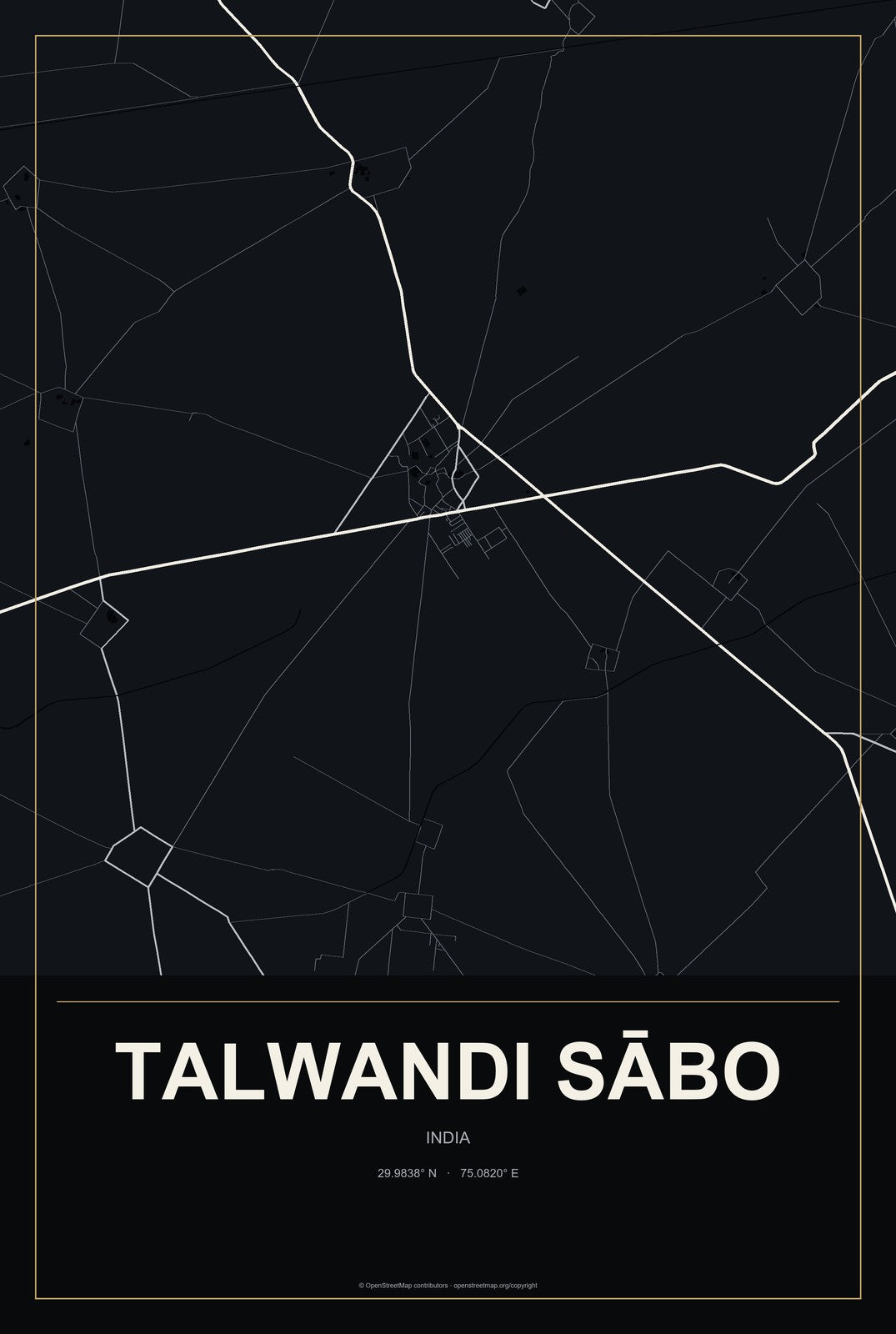Talwandi Sābo, India City Map Aluminum Sign in Metropolitan Noir style