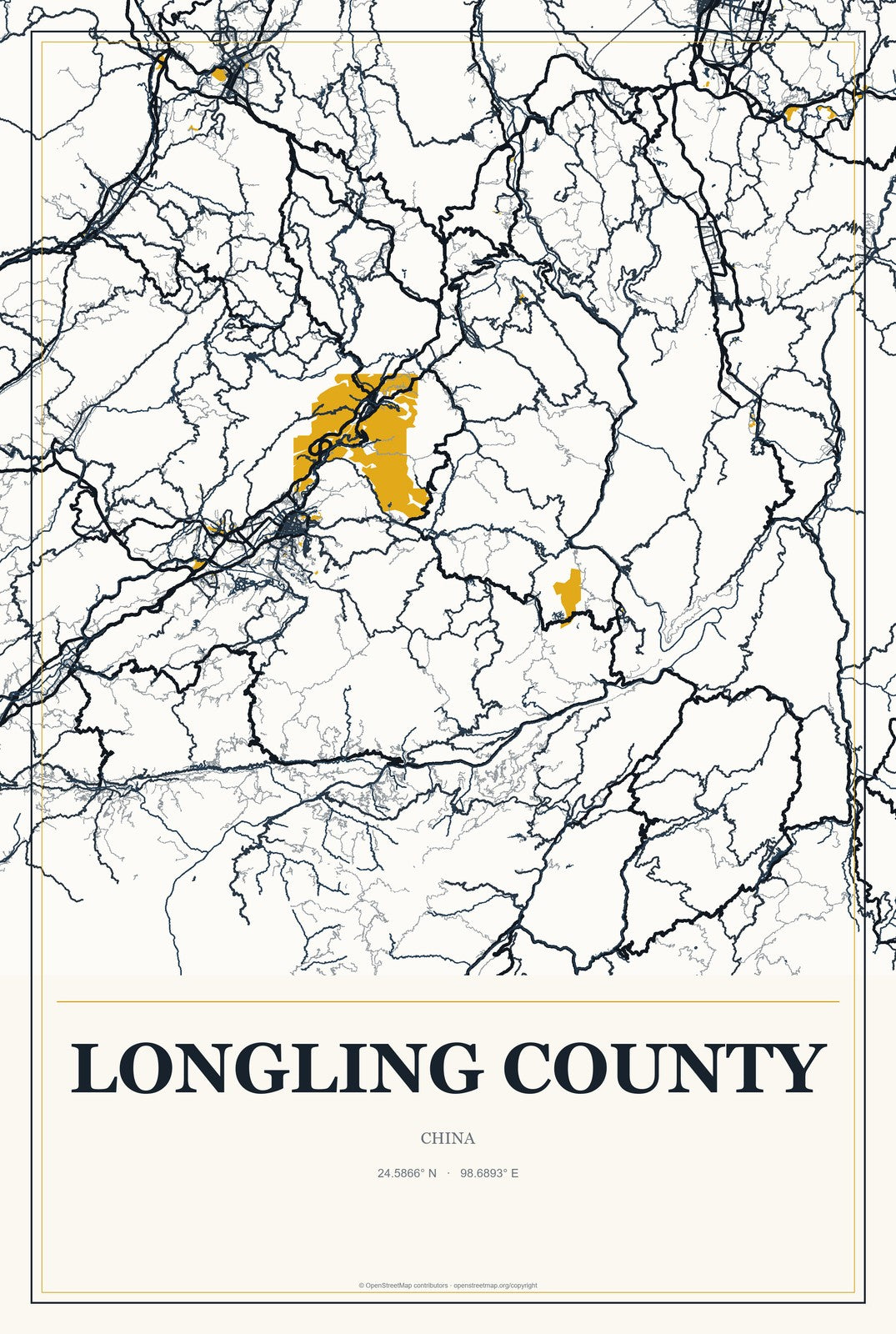 Longling County, China City Map Aluminum Sign in Citrine Modern style
