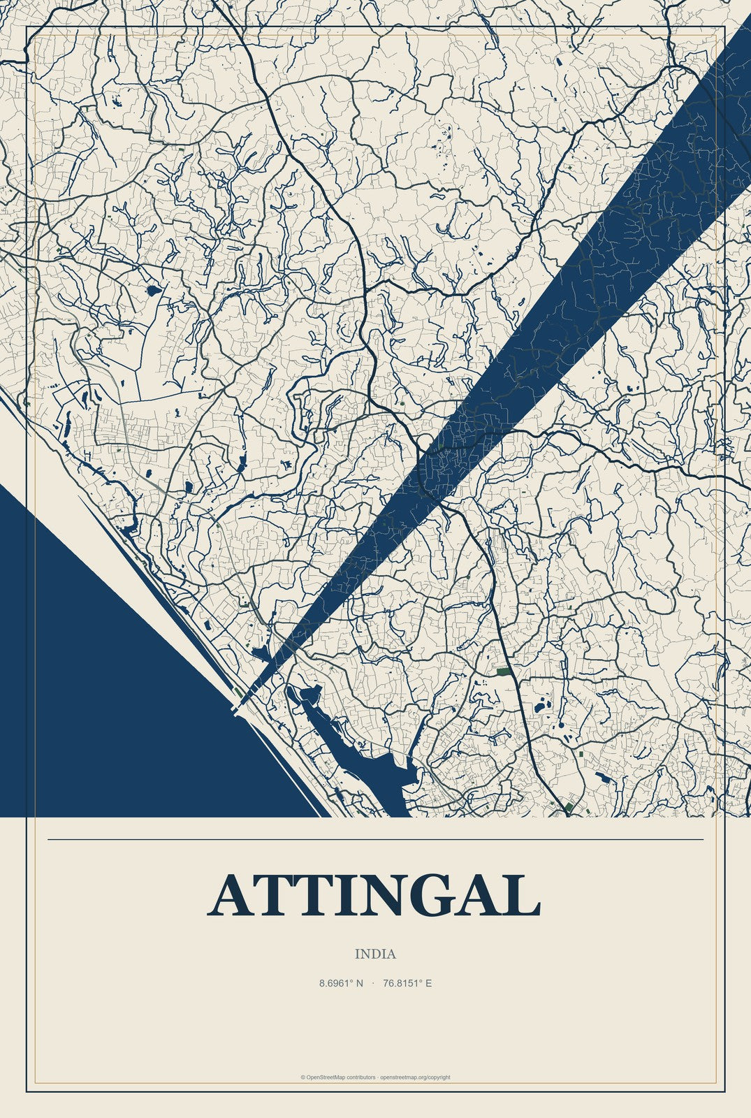 Attingal, India City Map Aluminum Sign in Coastal Cutout style
