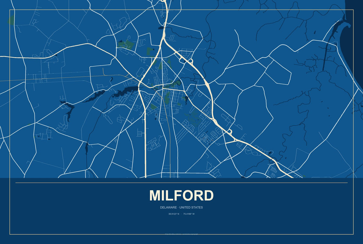 Milford, Delaware City Map Aluminum Sign in Harbor Cobalt style