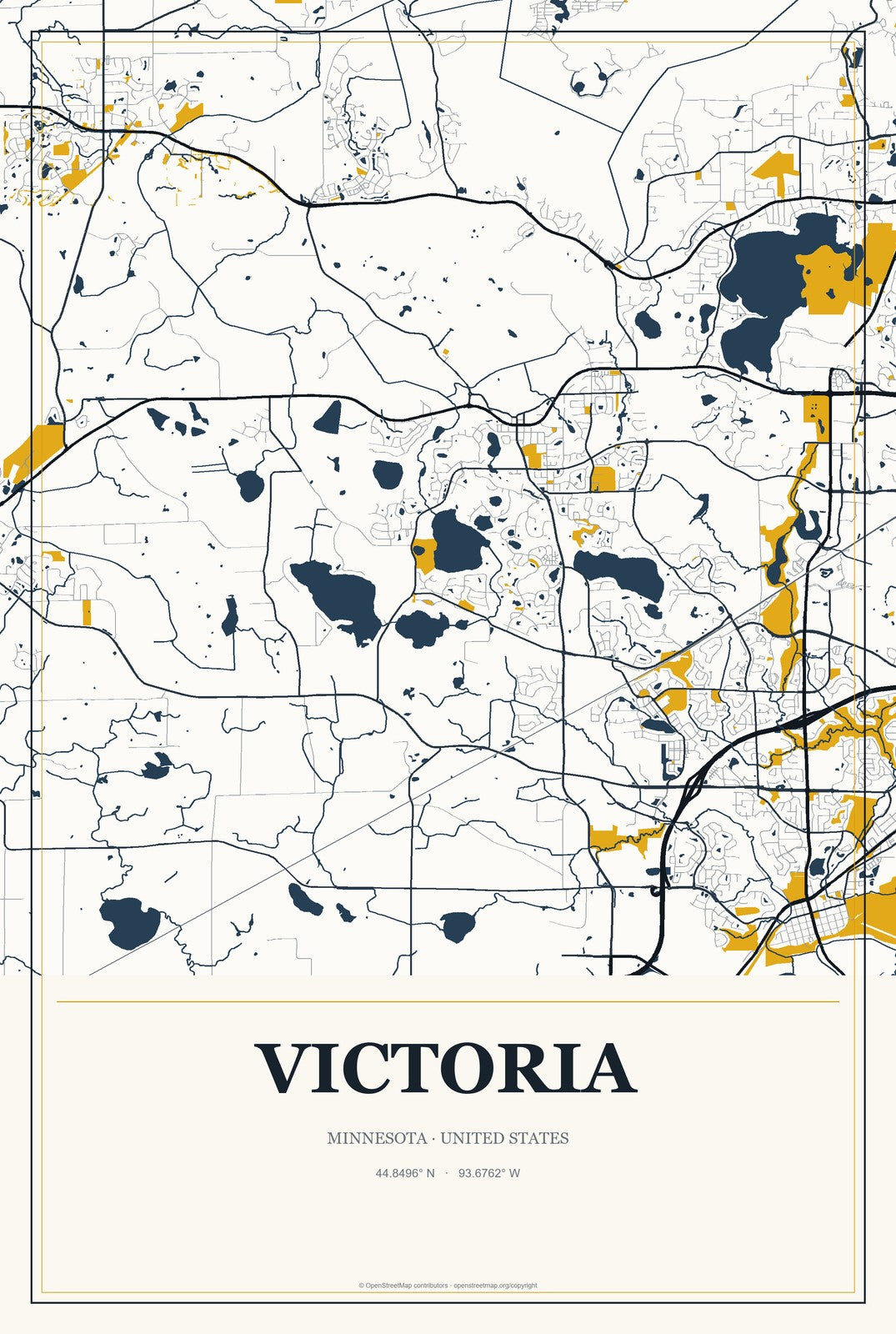 Victoria, Minnesota City Map Aluminum Sign in Citrine Modern style