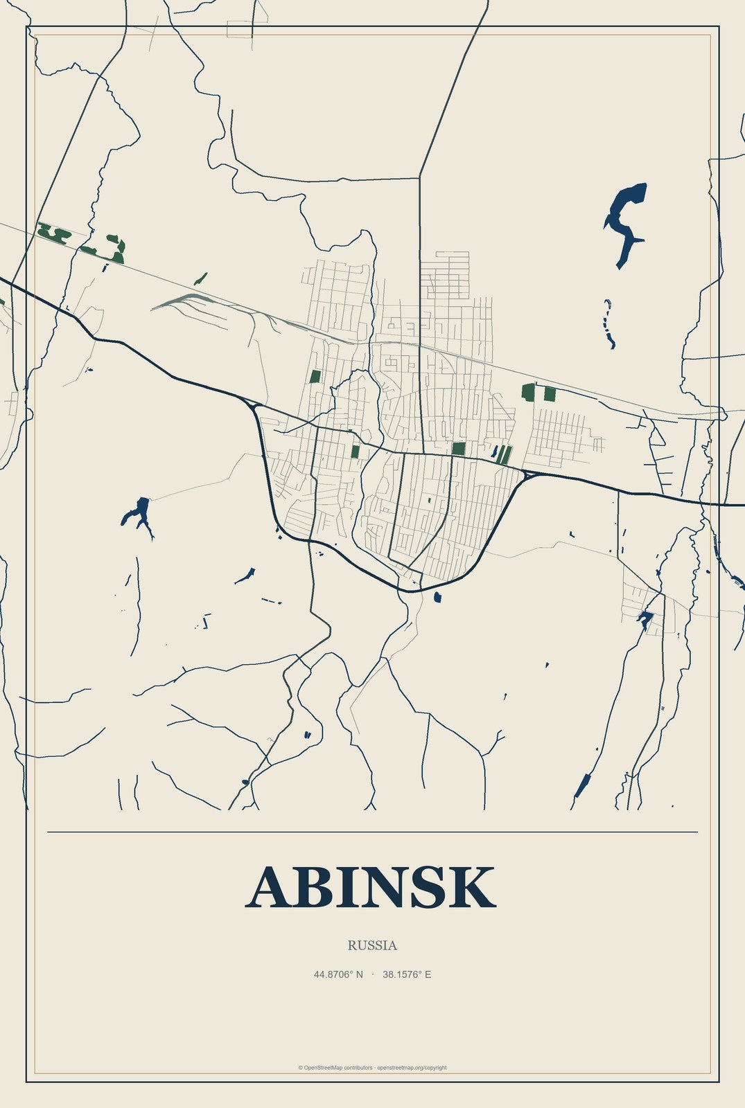 Abinsk, Russia City Map Aluminum Sign in Coastal Cutout style