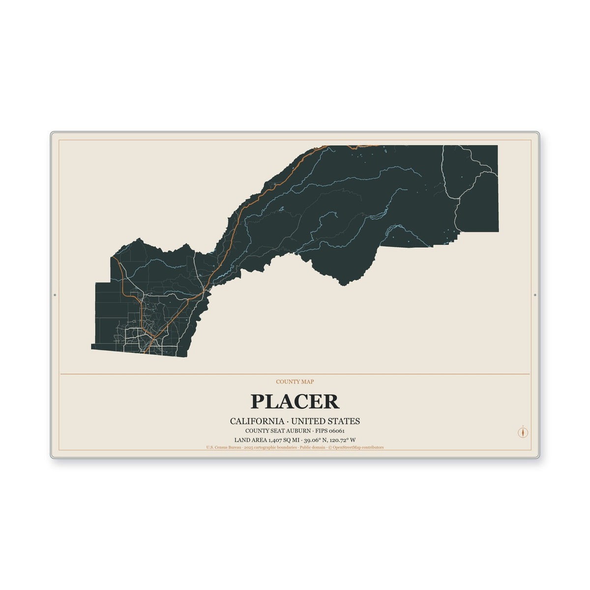 Placer County, California Map Aluminum Sign in Headline Atlas style