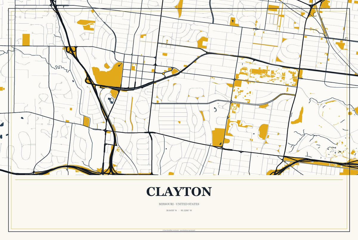 Clayton, Missouri City Map Aluminum Sign in Citrine Modern style