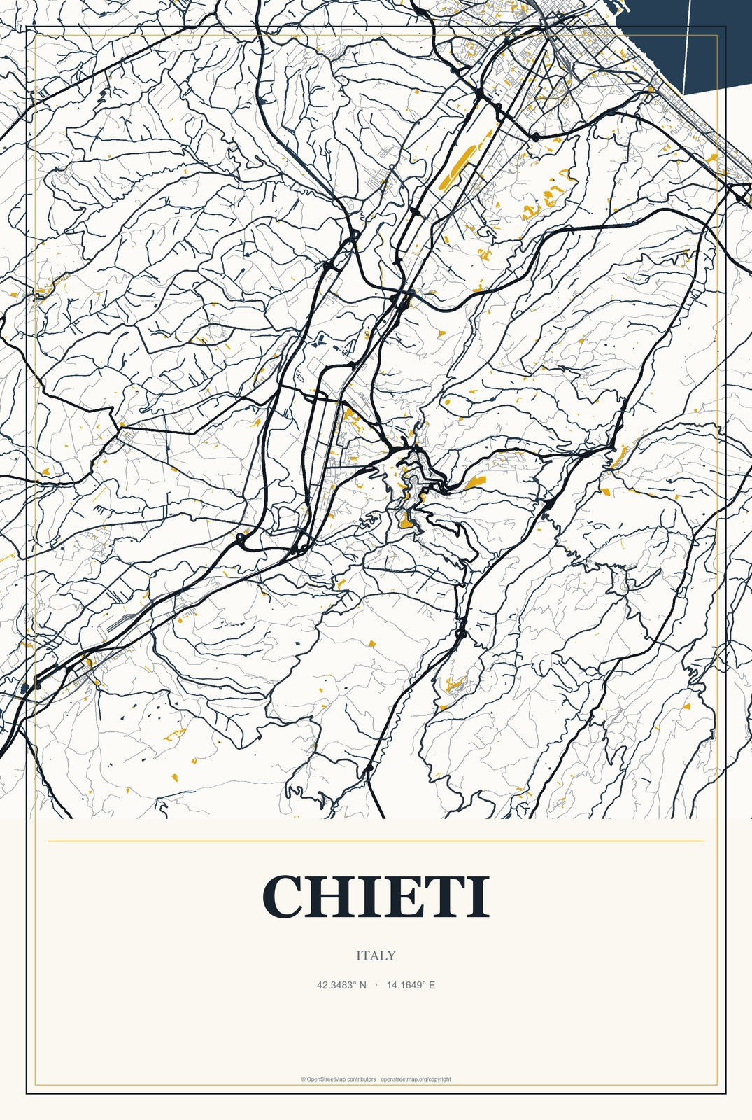 Chieti, Italy City Map Aluminum Sign in Citrine Modern style