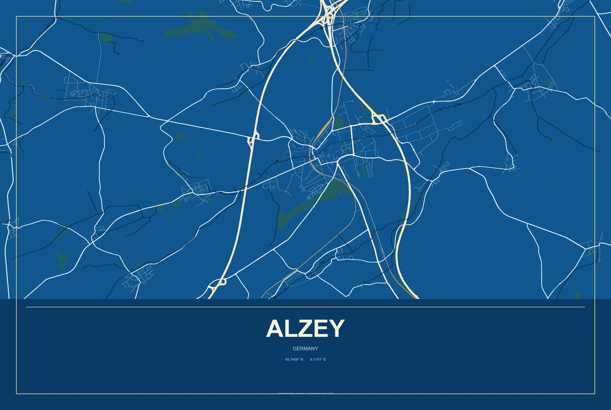 Alzey, Germany City Map Aluminum Sign in Harbor Cobalt style