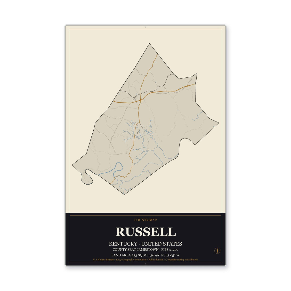 Russell County, Kentucky Map Aluminum Sign in Museum Plaque style