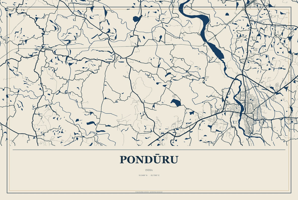 Pondūru, India City Map Aluminum Sign in Coastal Cutout style