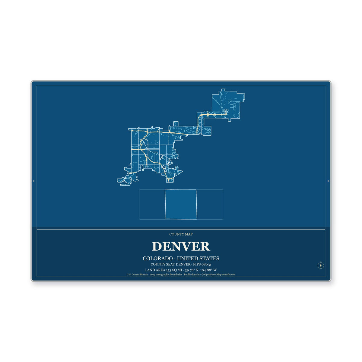 Denver County, Colorado Map Aluminum Sign in Harbor Cobalt style