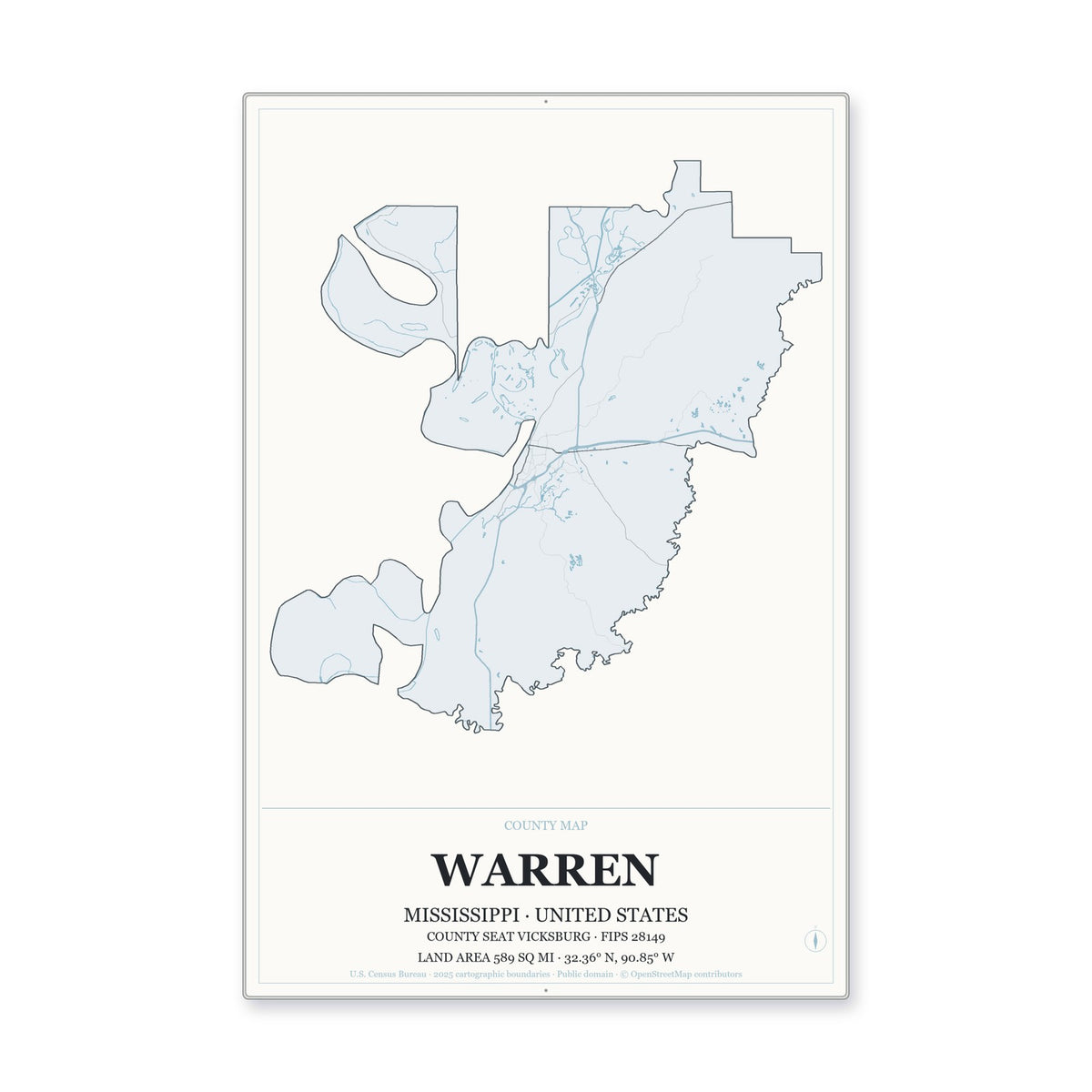 Warren County, Mississippi Map Aluminum Sign in Gallery Air style