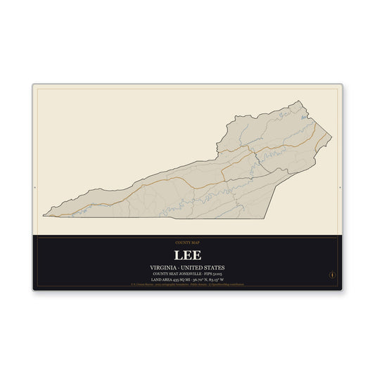 Lee County, Virginia Map Aluminum Sign in Museum Plaque style