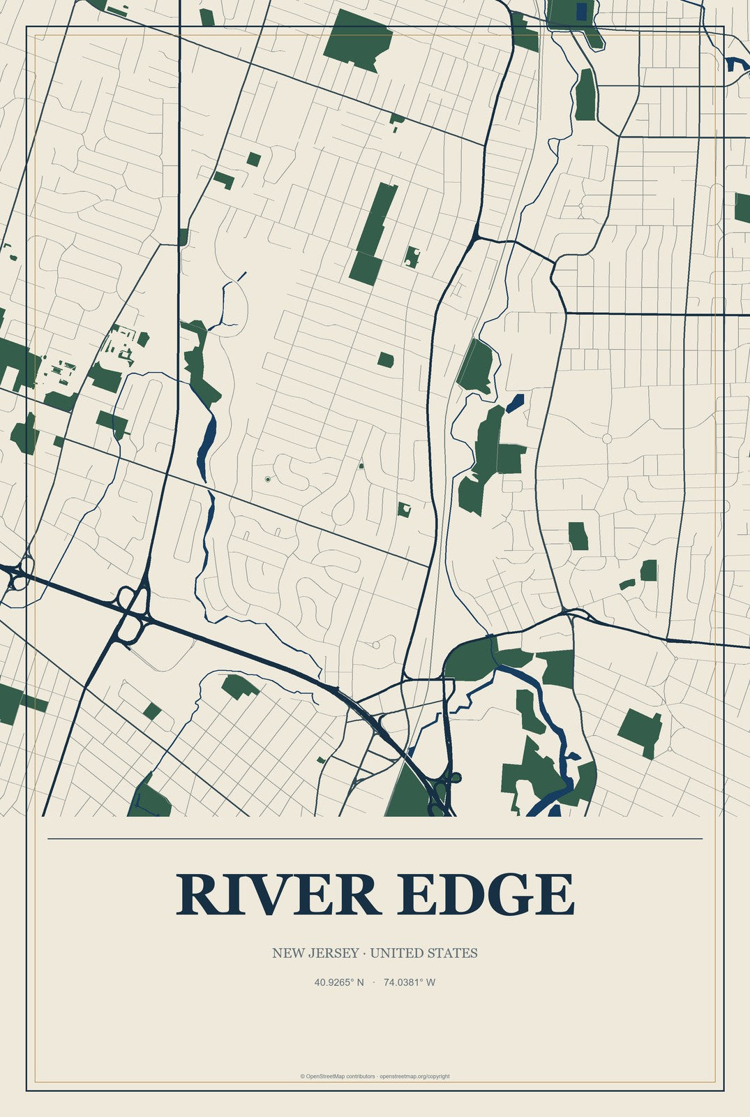 River Edge, New Jersey City Map Aluminum Sign in Coastal Cutout style