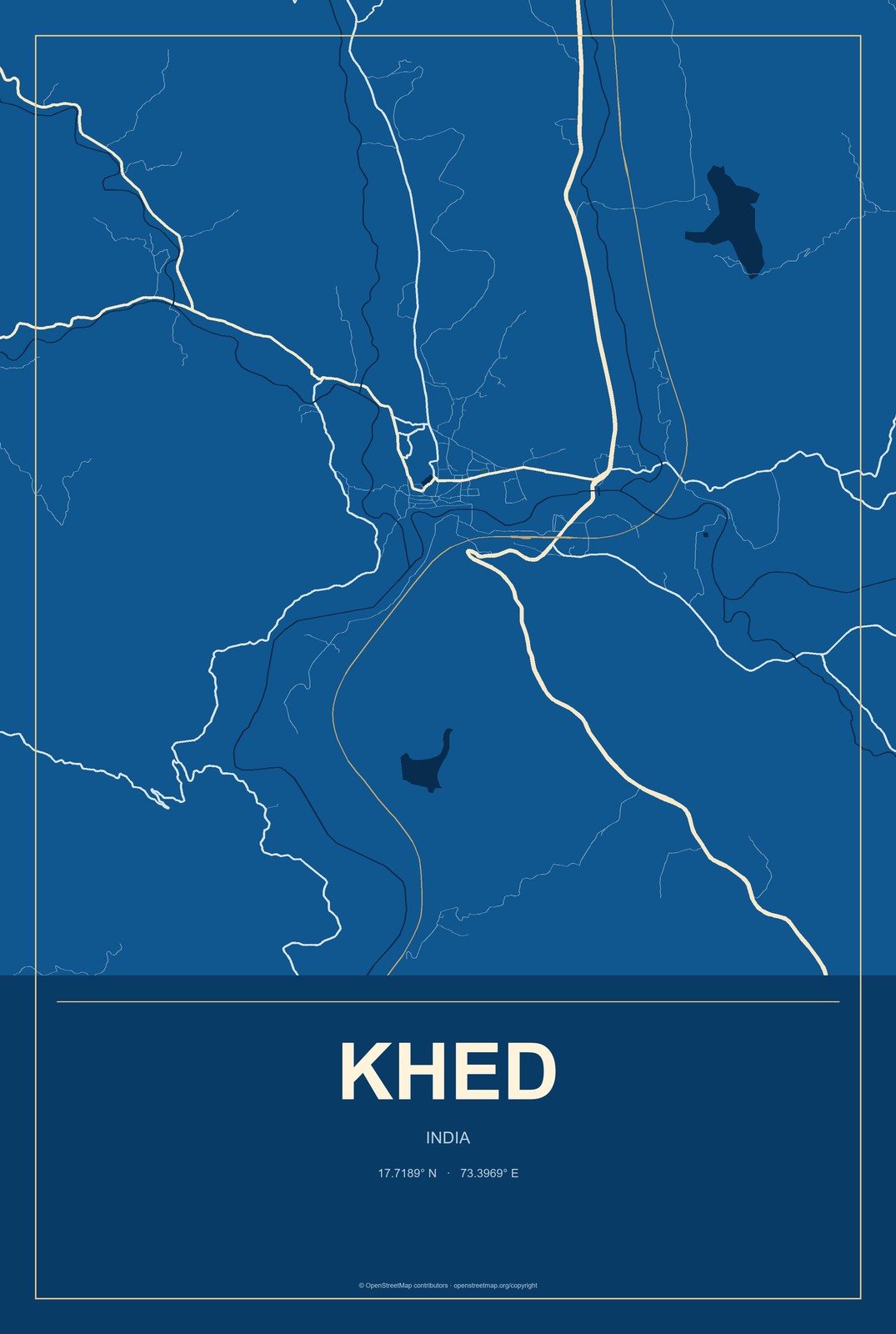 Khed, India City Map Aluminum Sign in Harbor Cobalt style