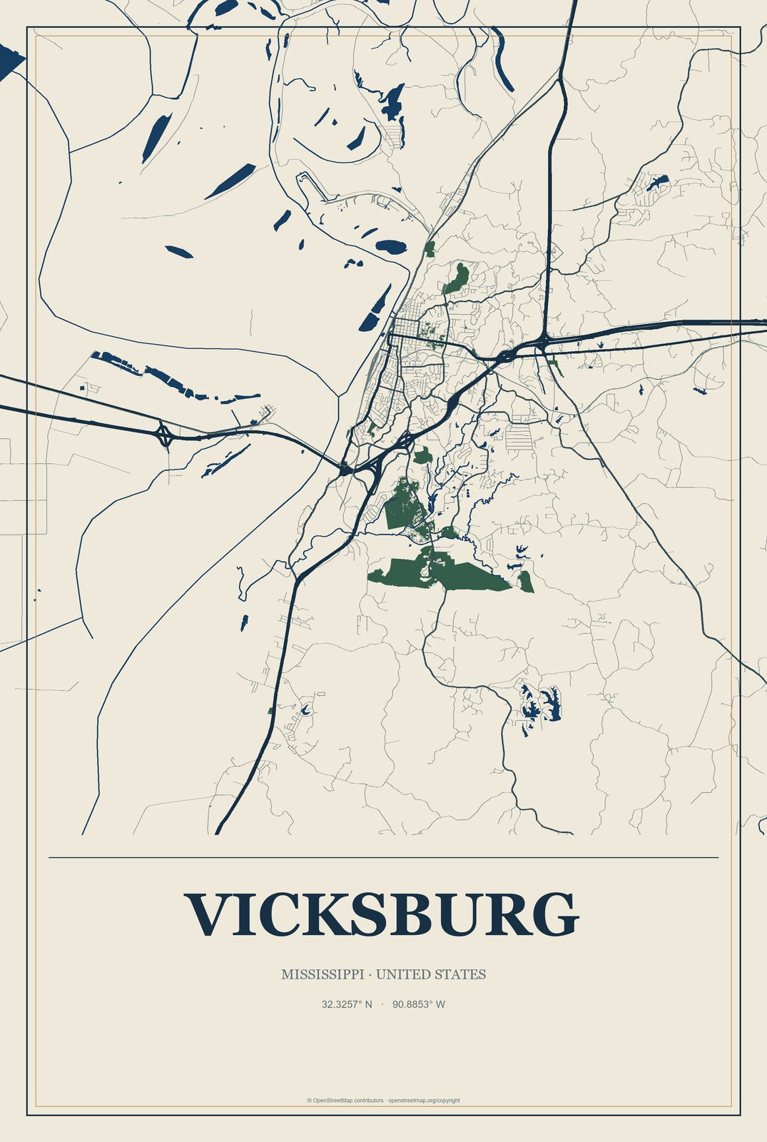 Vicksburg, Mississippi City Map Aluminum Sign in Coastal Cutout style