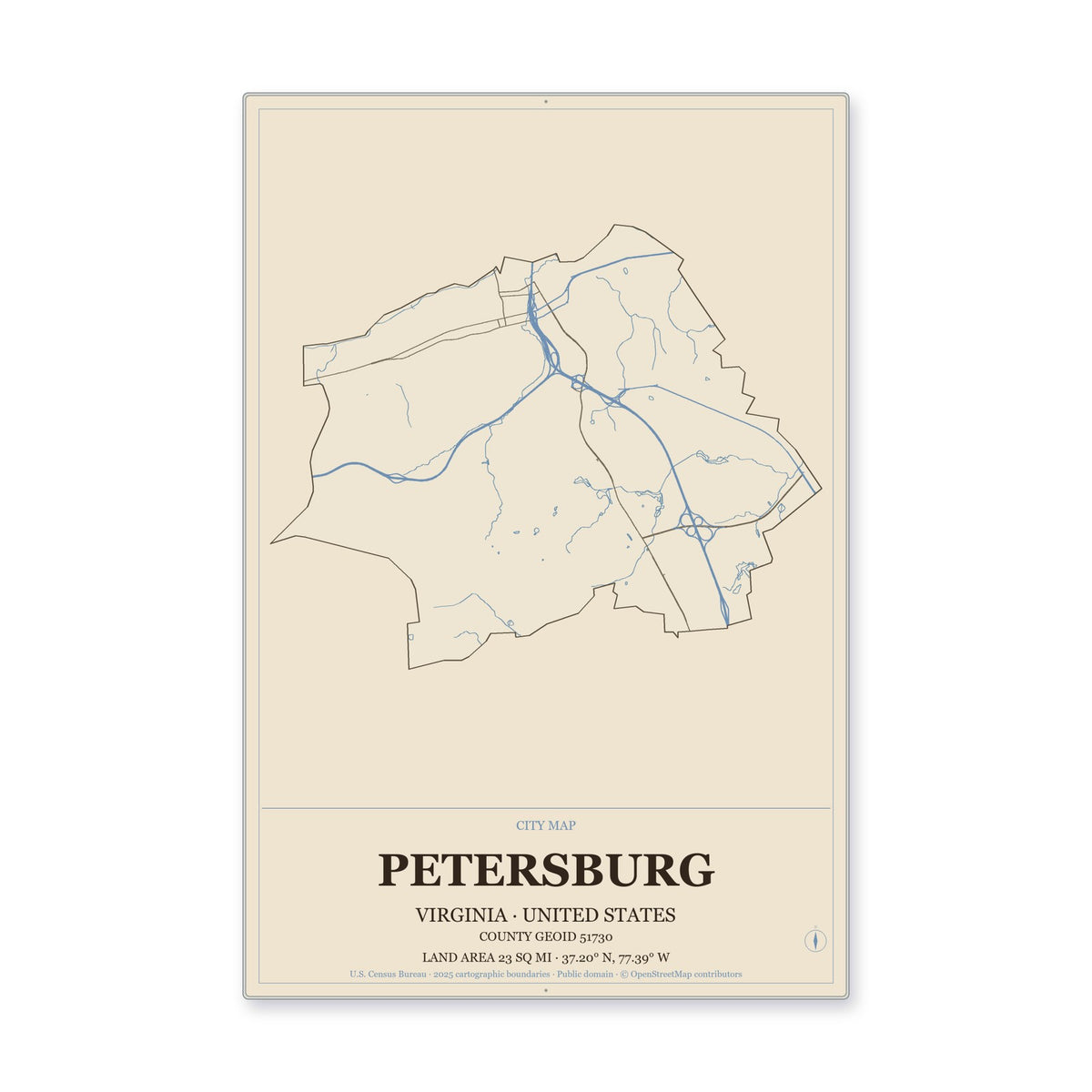 Petersburg city, Virginia Map Aluminum Sign in Heritage Nautical style