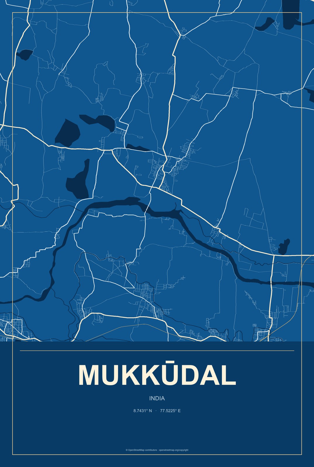 Mukkūdal, India City Map Aluminum Sign in Harbor Cobalt style