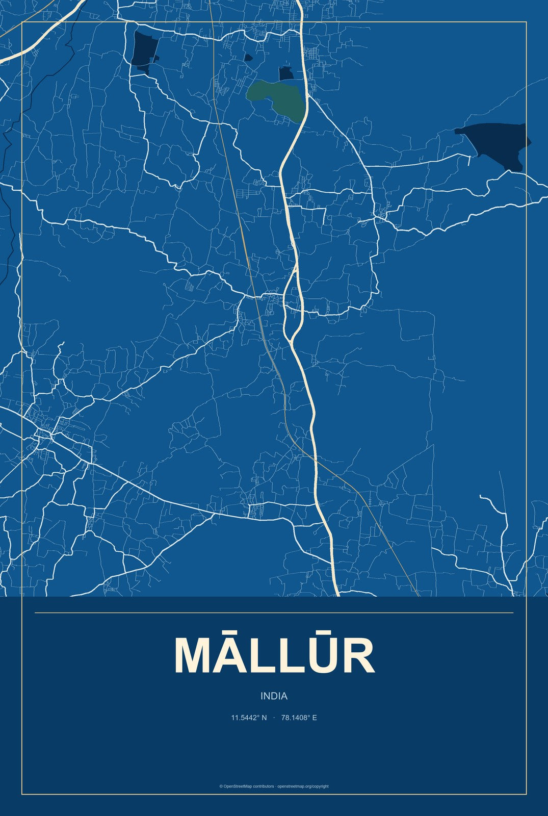 Māllūr, India City Map Aluminum Sign in Harbor Cobalt style