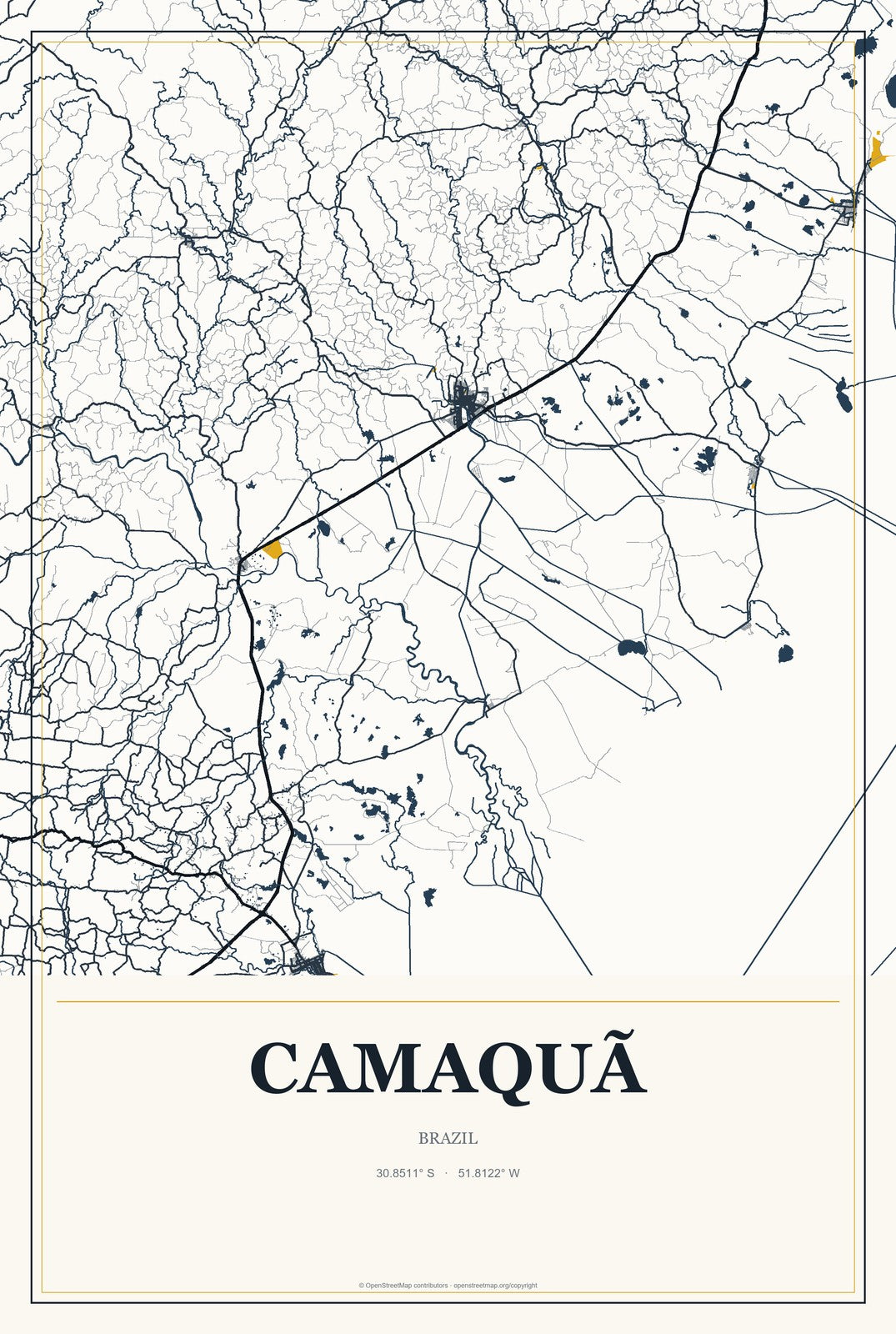 Camaquã, Brazil City Map Aluminum Sign in Citrine Modern style