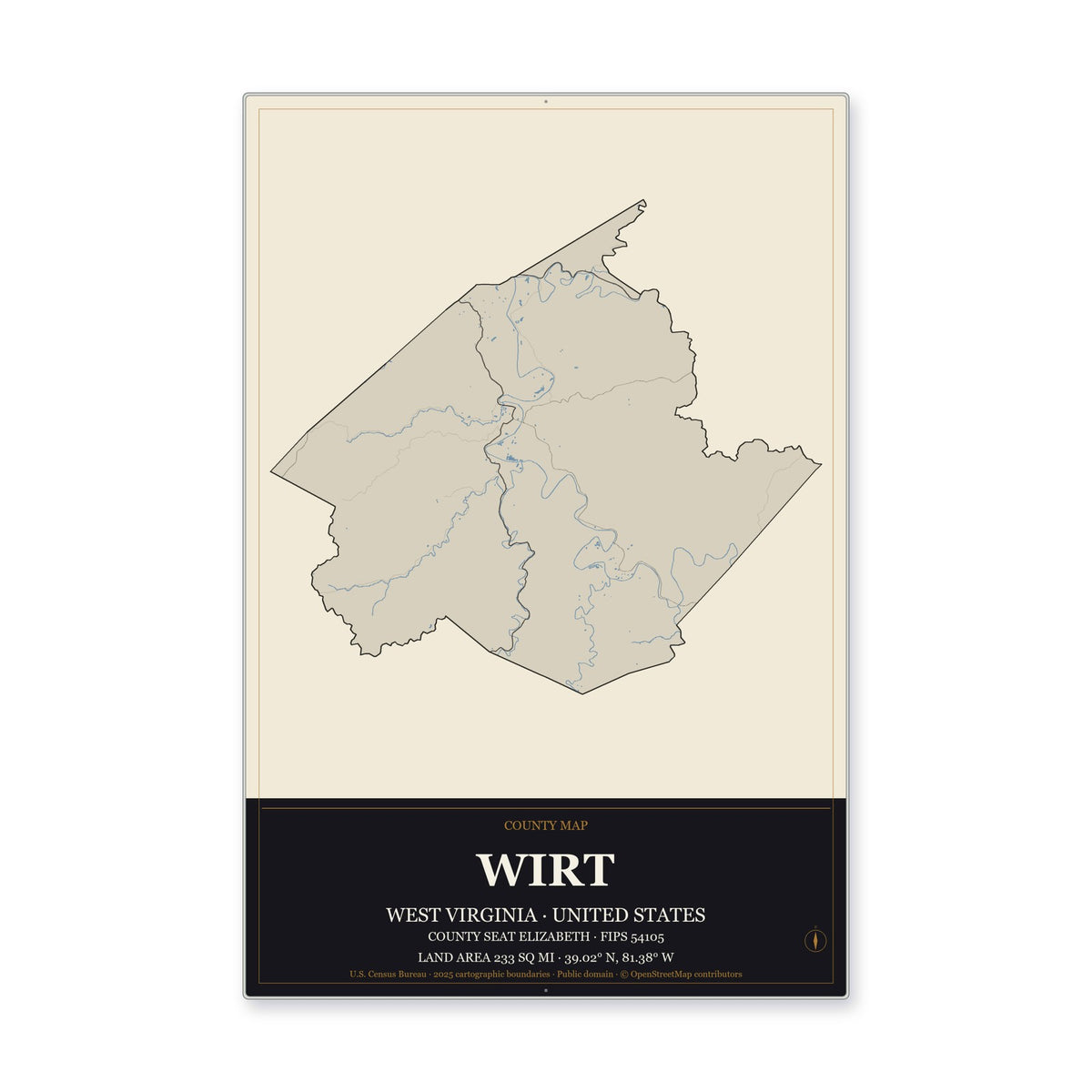 Wirt County, West Virginia Map Aluminum Sign in Museum Plaque style