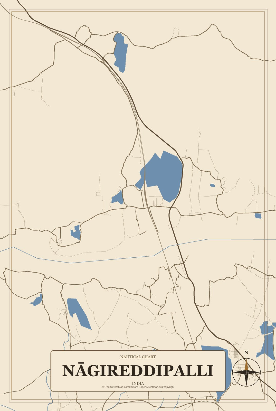 Nāgireddipalli, India City Map Aluminum Sign in Heritage Nautical style
