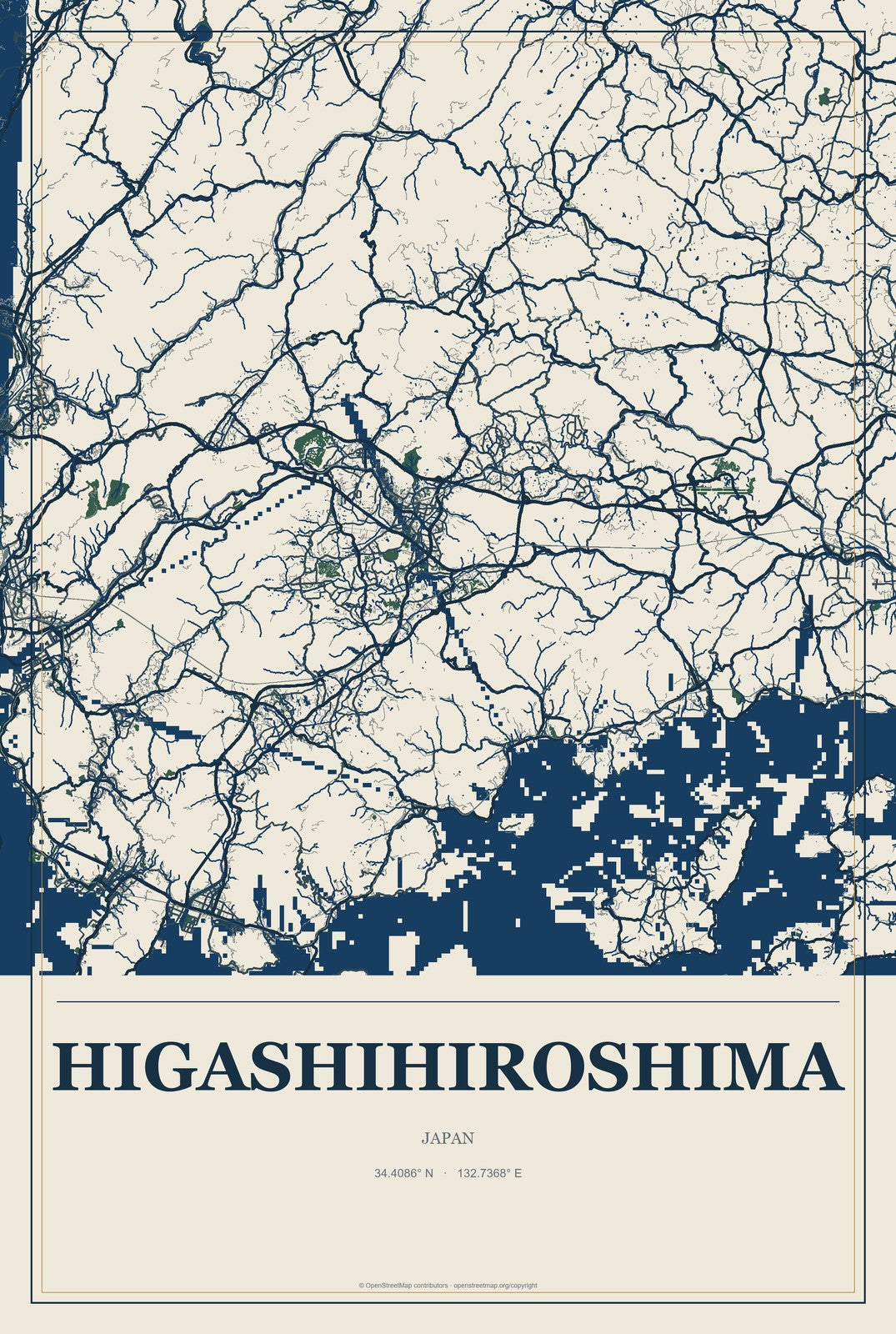 Higashihiroshima, Japan City Map Aluminum Sign in Coastal Cutout style