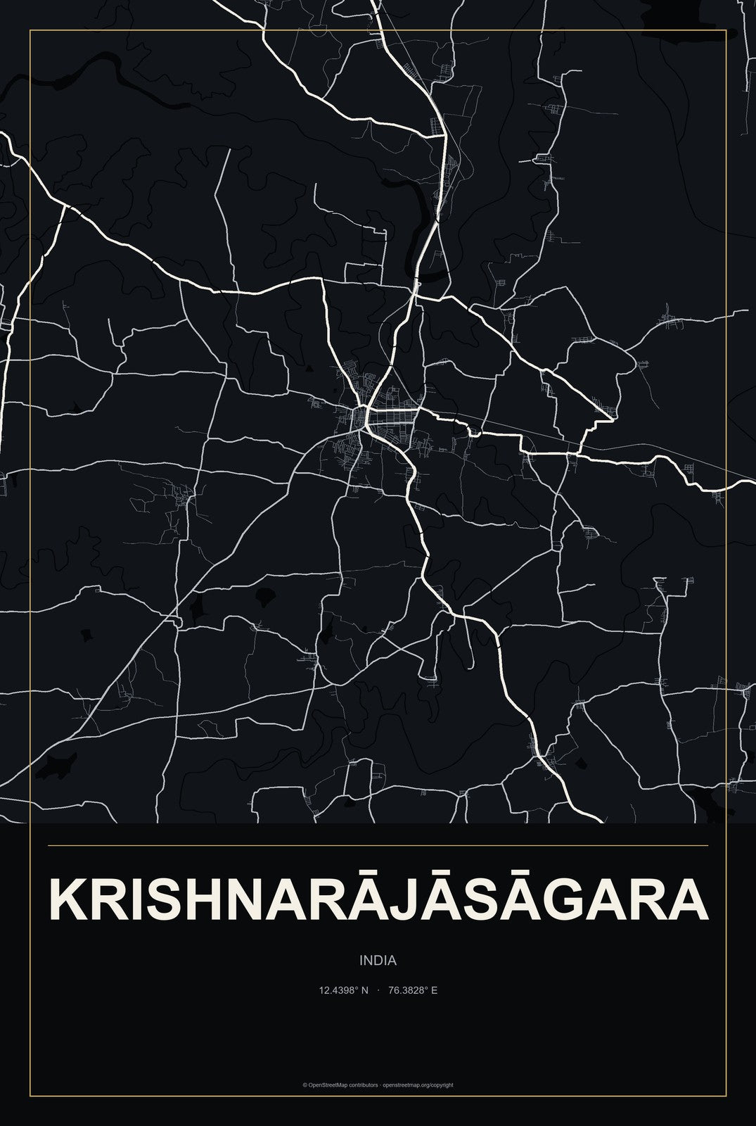 Krishnarājāsāgara, India City Map Aluminum Sign in Metropolitan Noir style