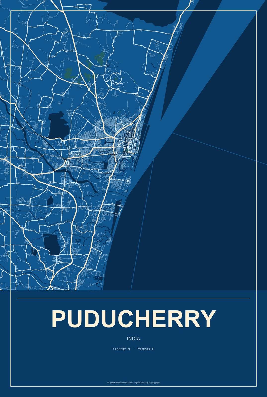 Puducherry, India City Map Aluminum Sign in Harbor Cobalt style