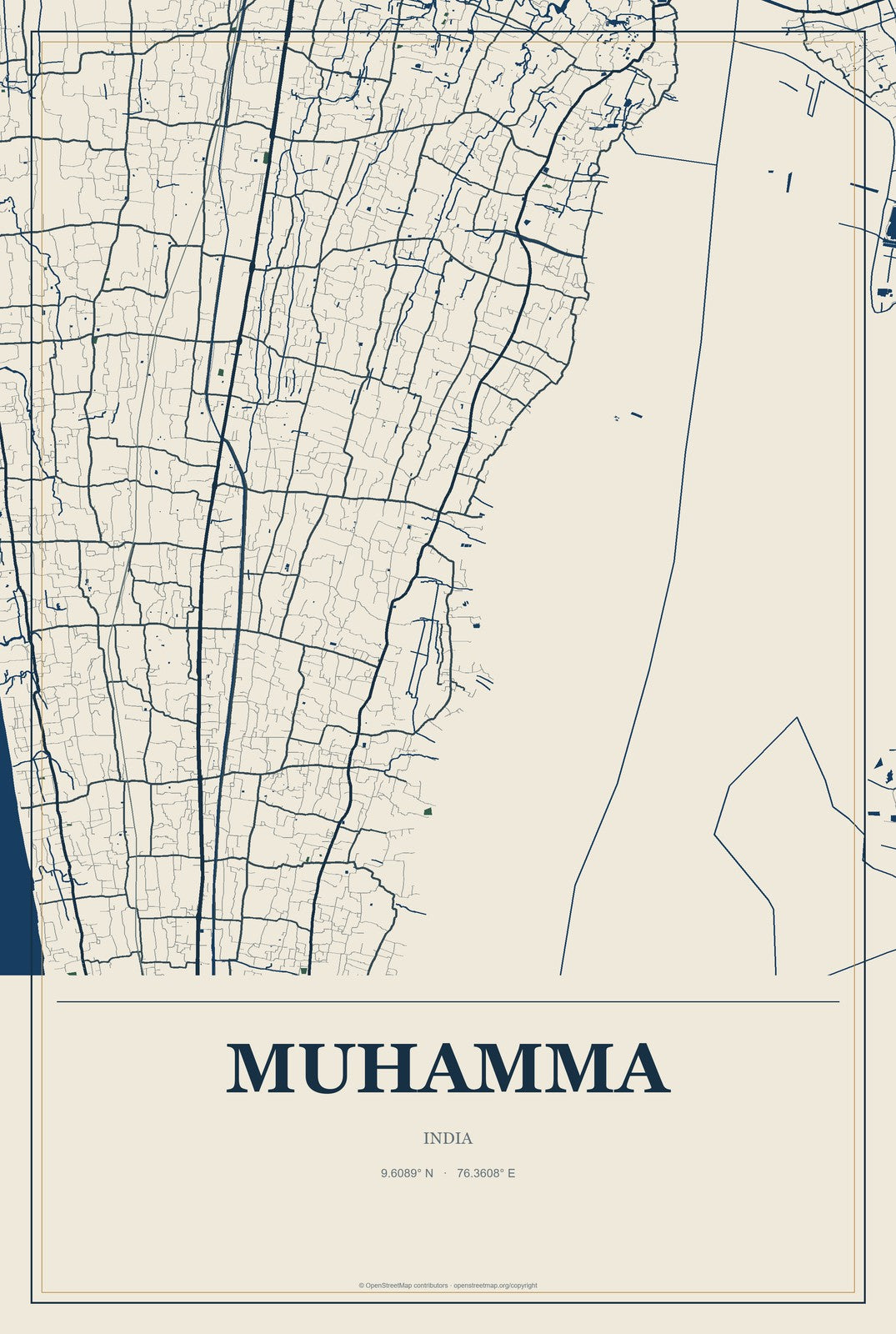 Muhamma, India City Map Aluminum Sign in Coastal Cutout style