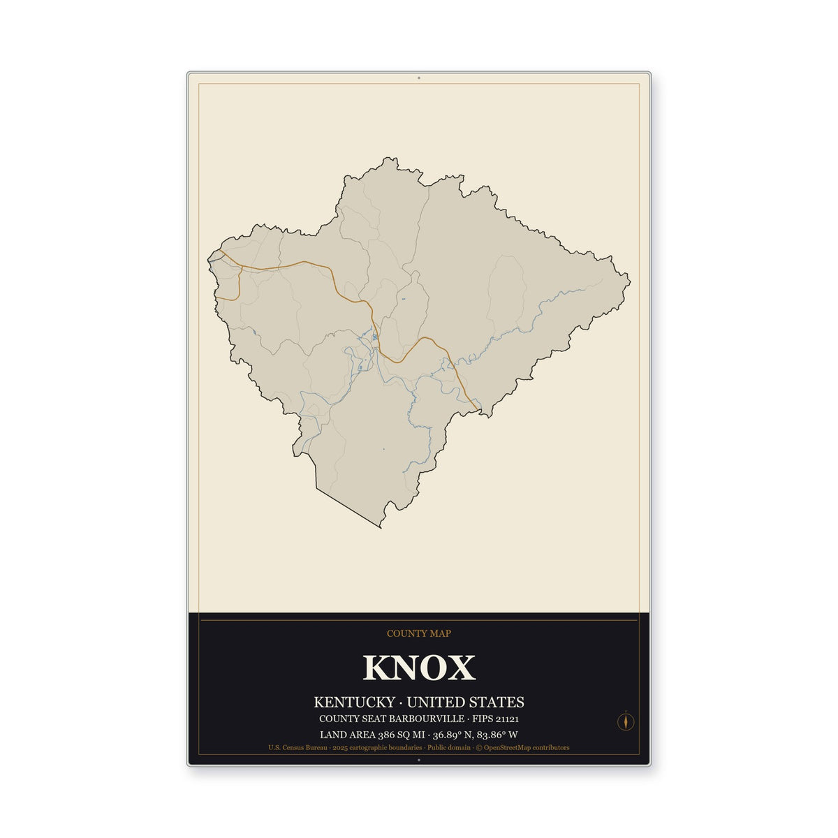 Knox County, Kentucky Map Aluminum Sign in Museum Plaque style