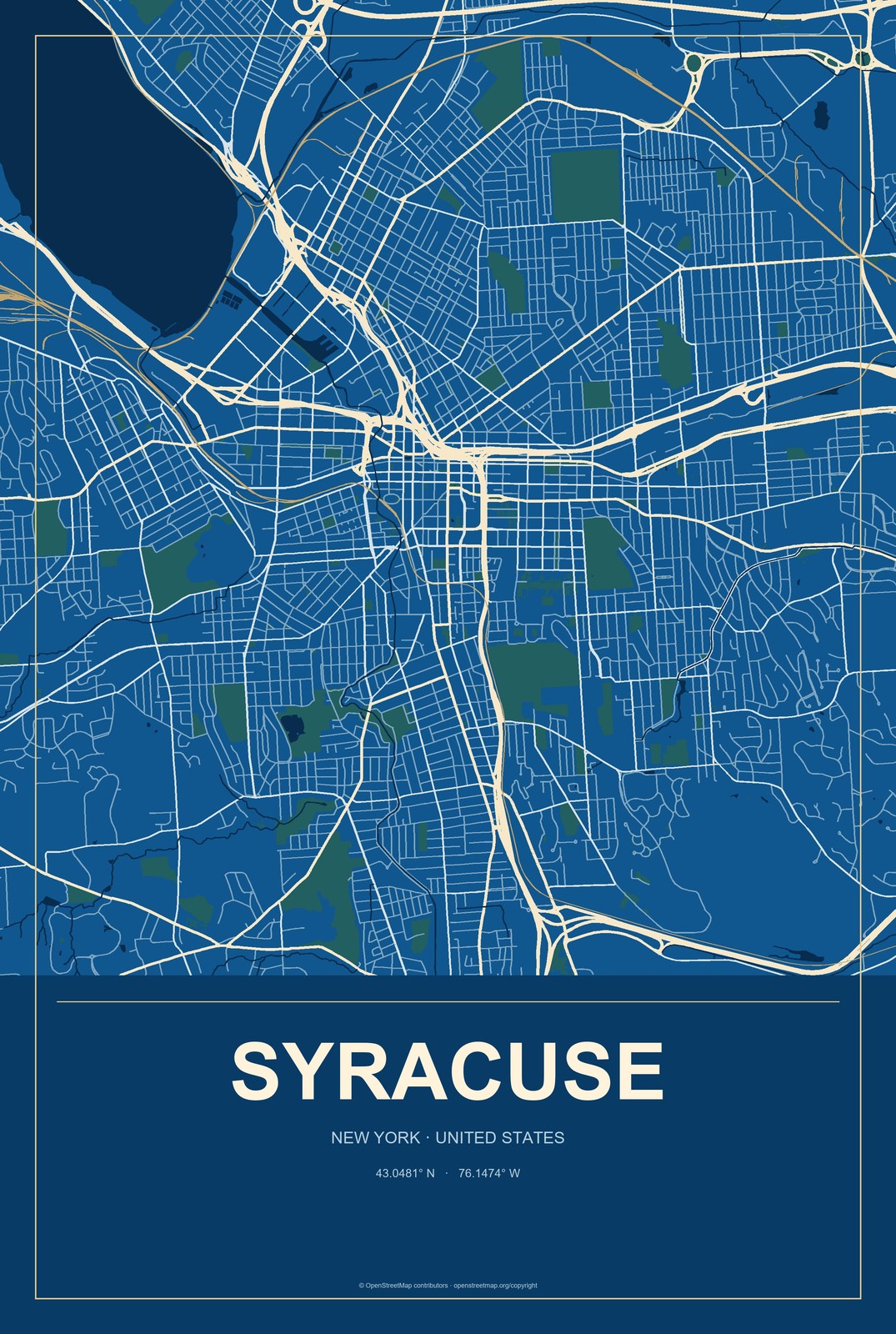 Syracuse, New York City Map Aluminum Sign in Harbor Cobalt style