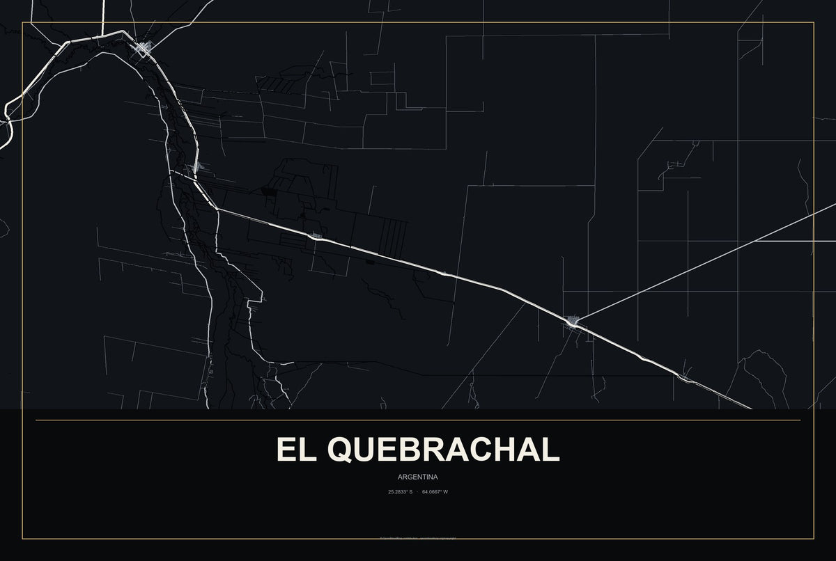 El Quebrachal, Argentina City Map Aluminum Sign in Metropolitan Noir style