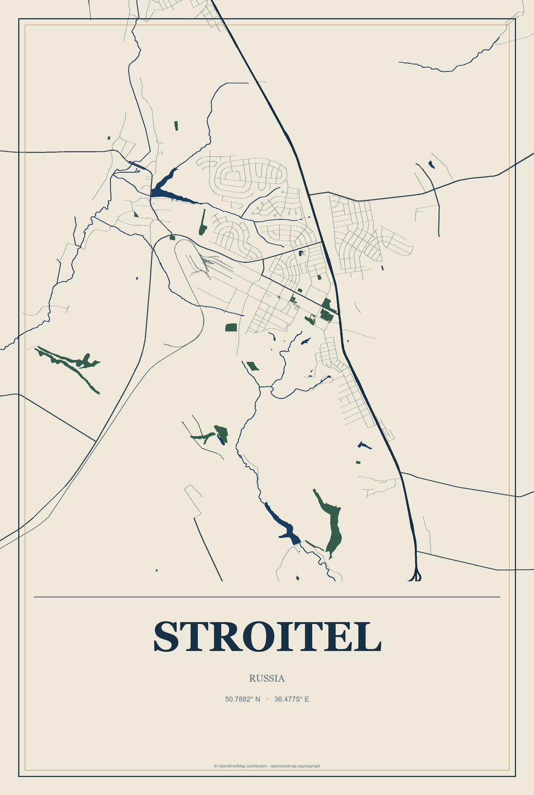 Stroitel, Russia City Map Aluminum Sign in Coastal Cutout style
