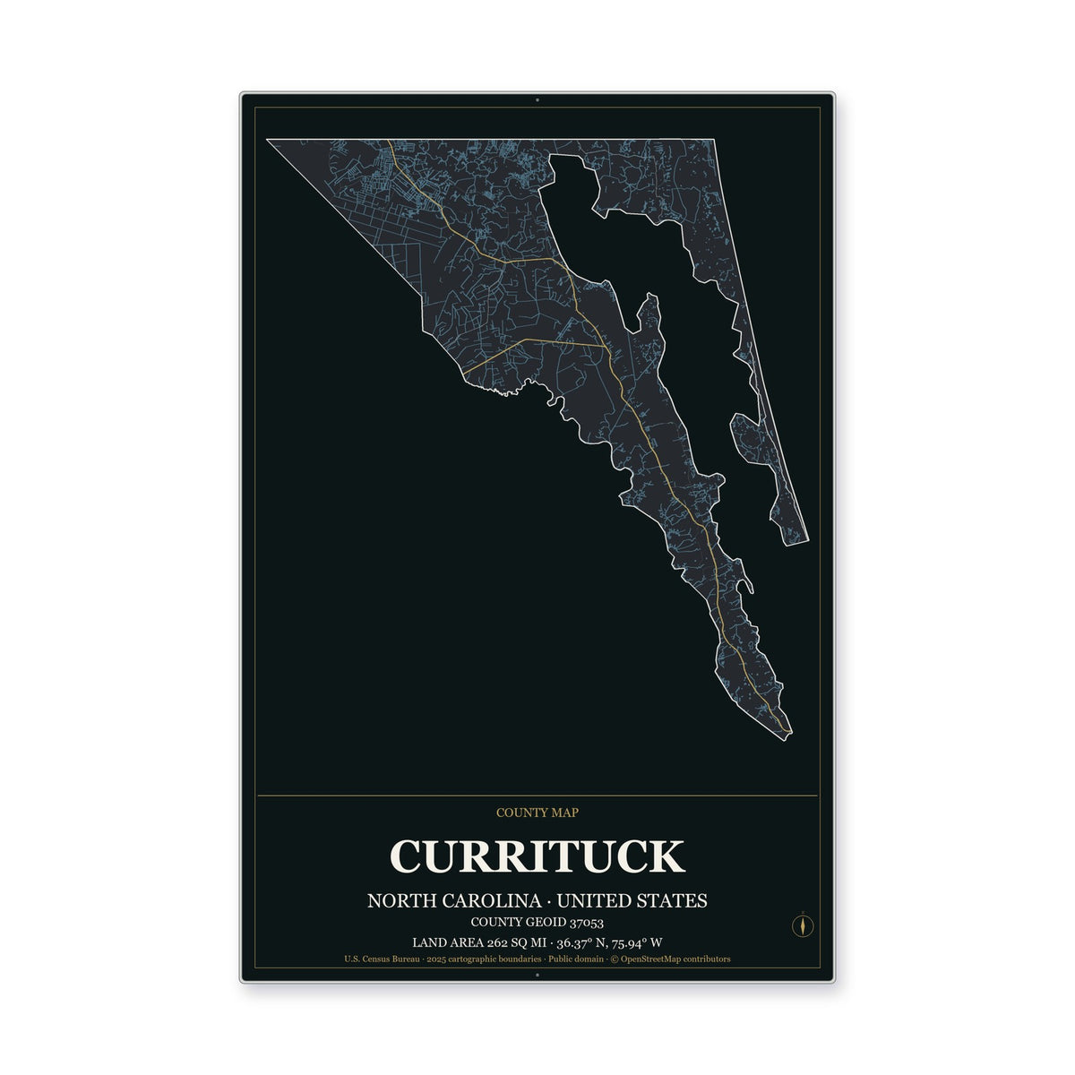 Currituck County, North Carolina Map Aluminum Sign in Metropolitan Noir style