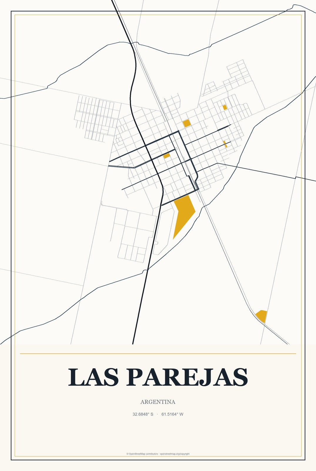 Las Parejas, Argentina City Map Aluminum Sign in Citrine Modern style