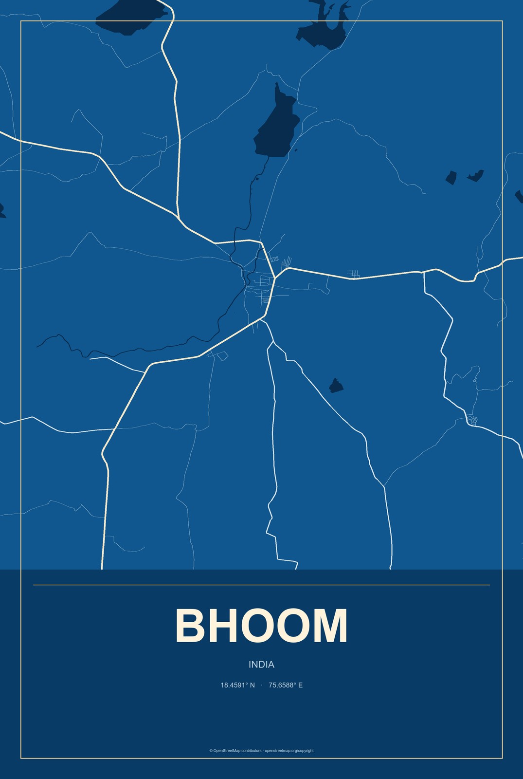 Bhoom, India City Map Aluminum Sign in Harbor Cobalt style