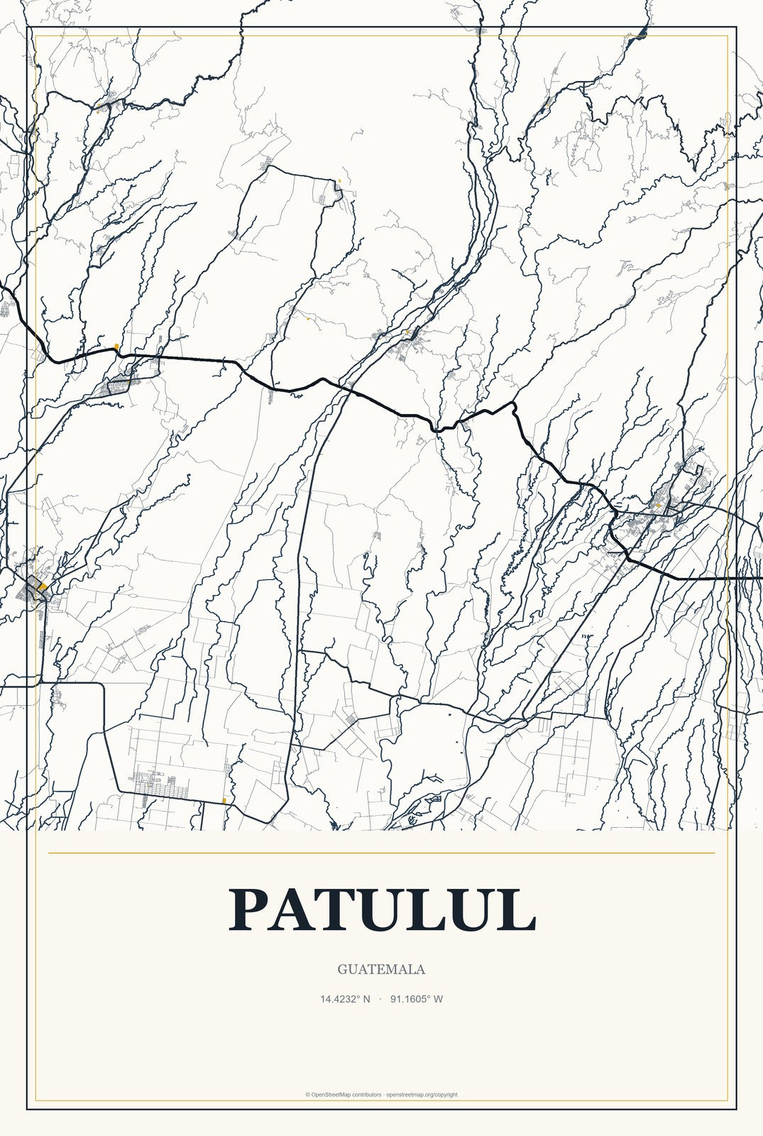 Patulul, Guatemala City Map Aluminum Sign in Citrine Modern style