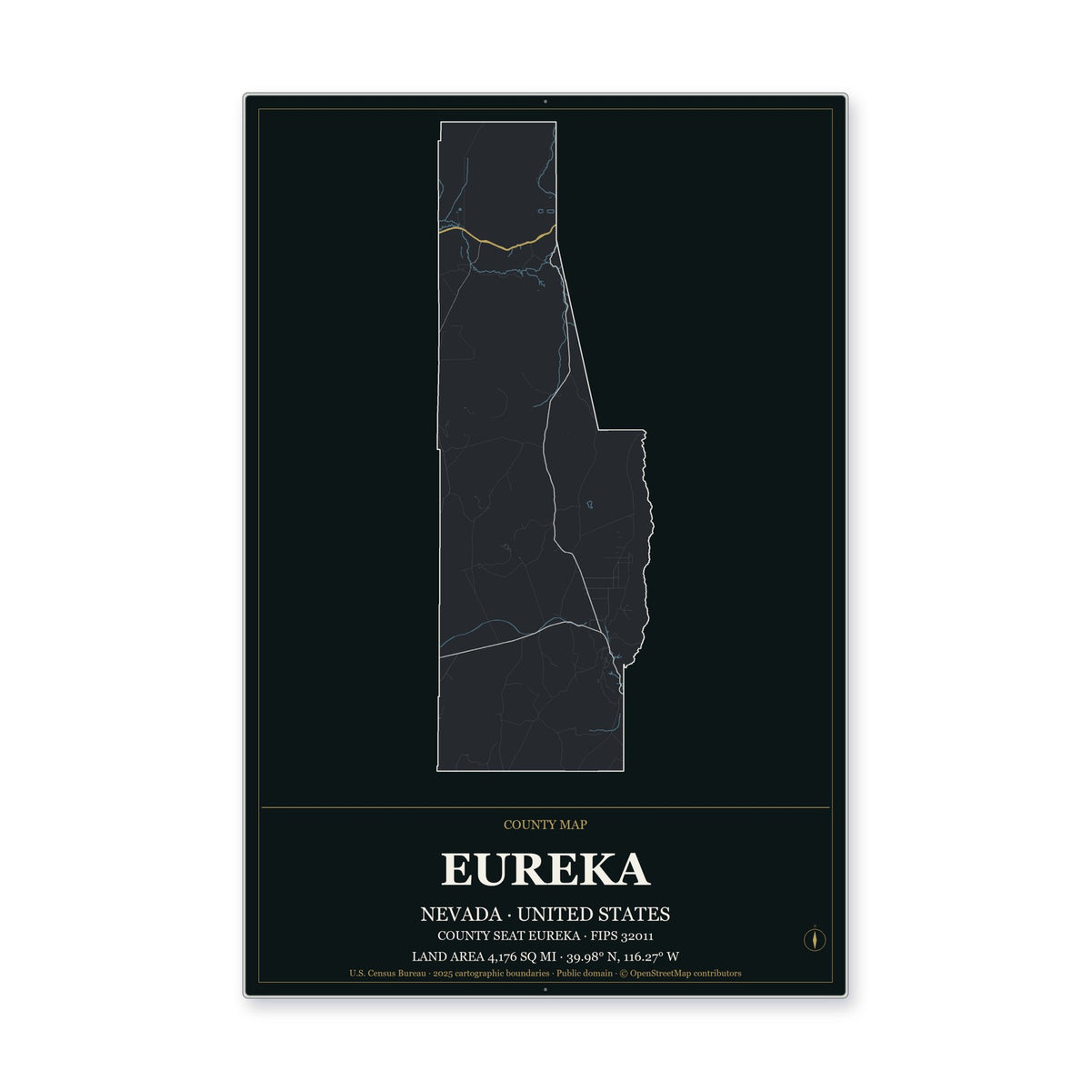 Eureka County, Nevada Map Aluminum Sign in Metropolitan Noir style