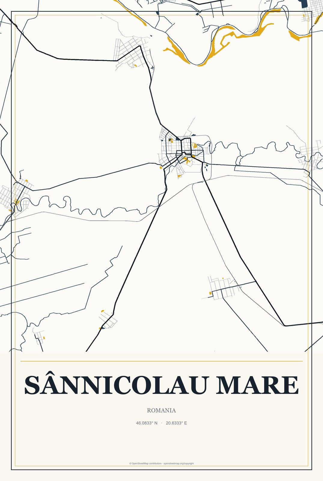 Sânnicolau Mare, Romania City Map Aluminum Sign in Citrine Modern style