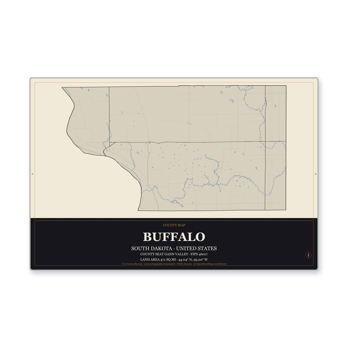 Buffalo County, South Dakota Map Aluminum Sign in Museum Plaque style