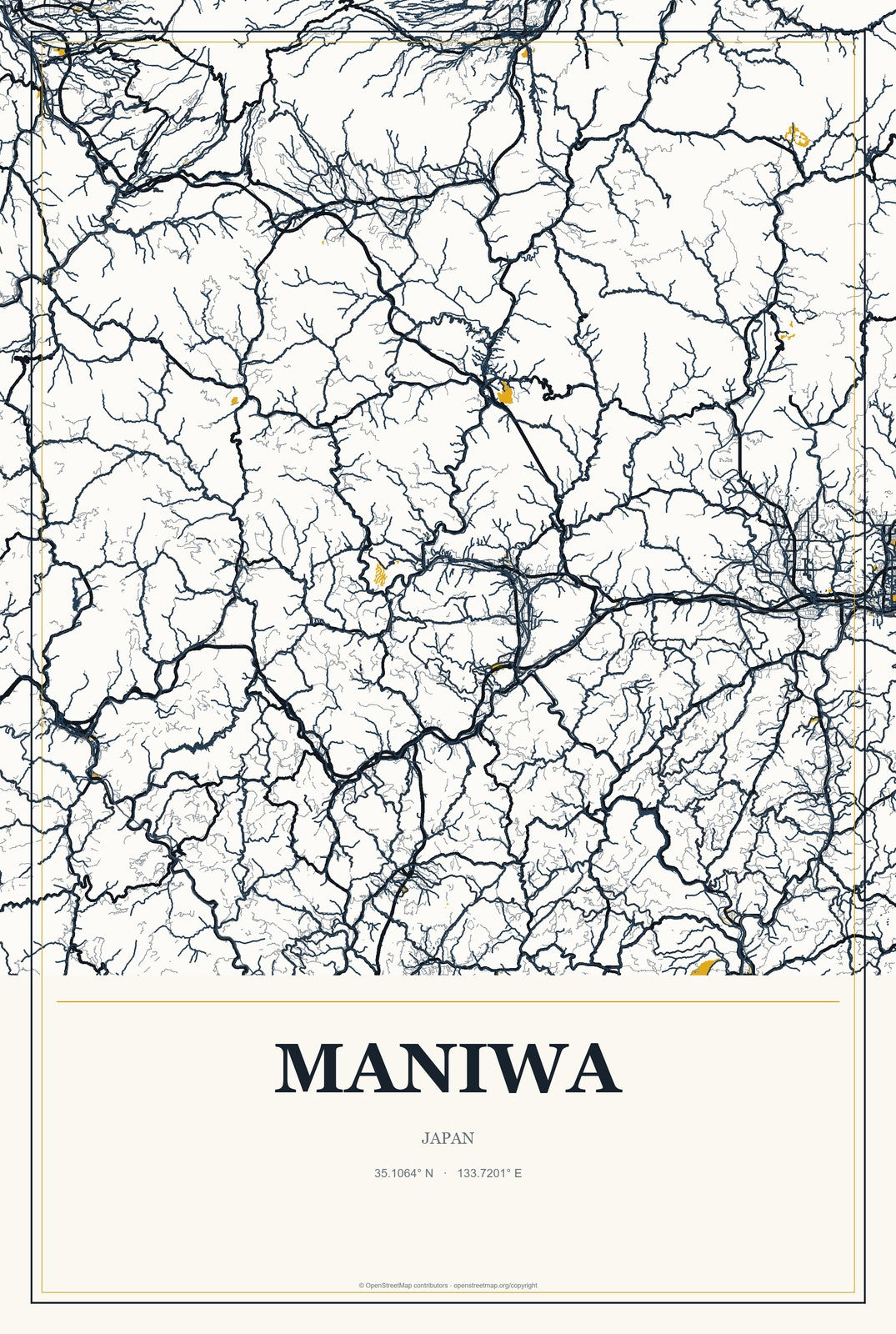 Maniwa, Japan City Map Aluminum Sign in Citrine Modern style